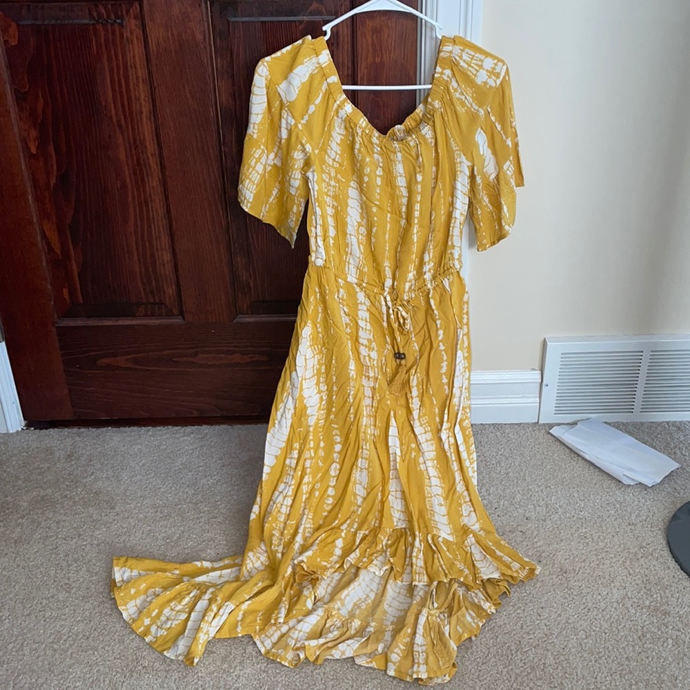 Blue island high low tie waist drawstring off the shoulder dress